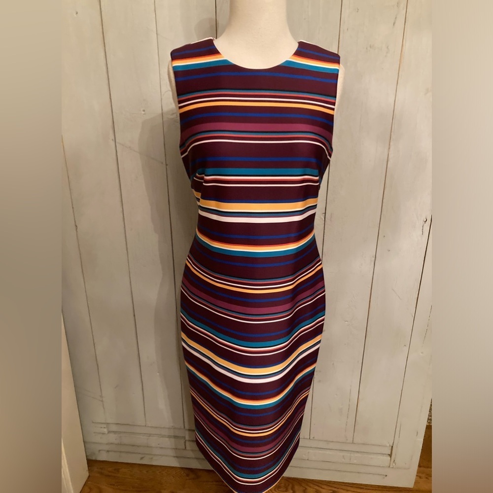 Calvin Klein Women's Purple Multi Striped Back Zip Sleeveless Dress Size 6
